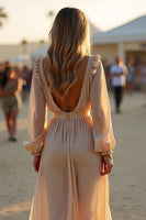 Load image into Gallery viewer, Apricot A Line Ruched High-Low Formal Dress with Long Sleeves