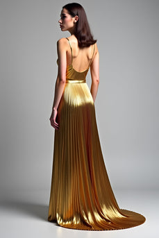 Golden Metallic A Line Long Prom Dress