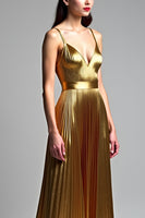 Load image into Gallery viewer, Golden Metallic A Line Long Prom Dress