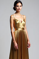 Load image into Gallery viewer, Golden Metallic A Line Long Prom Dress