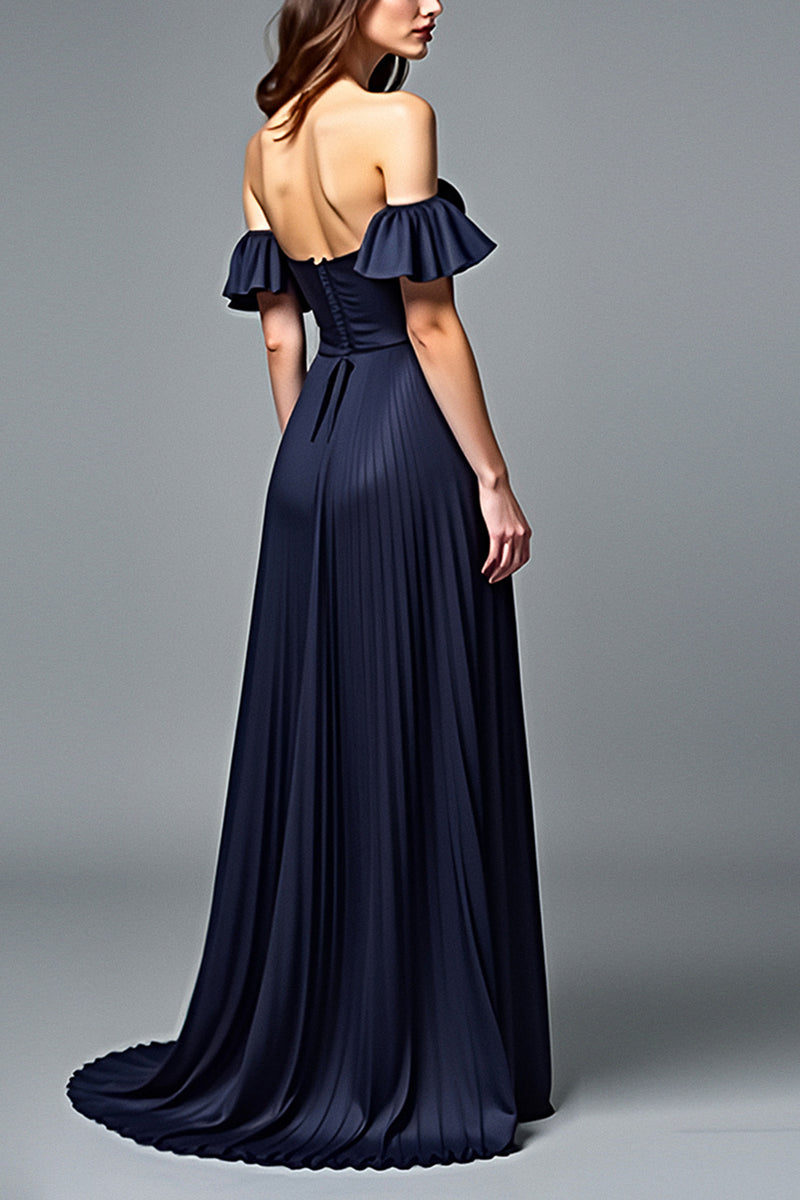 Queendancer Women Navy A Line Pleated Chiffon Formal Dress with Ruffles