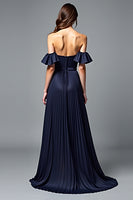 Load image into Gallery viewer, Navy A Line Off the Shoulder Pleated Formal Dress with Ruffles