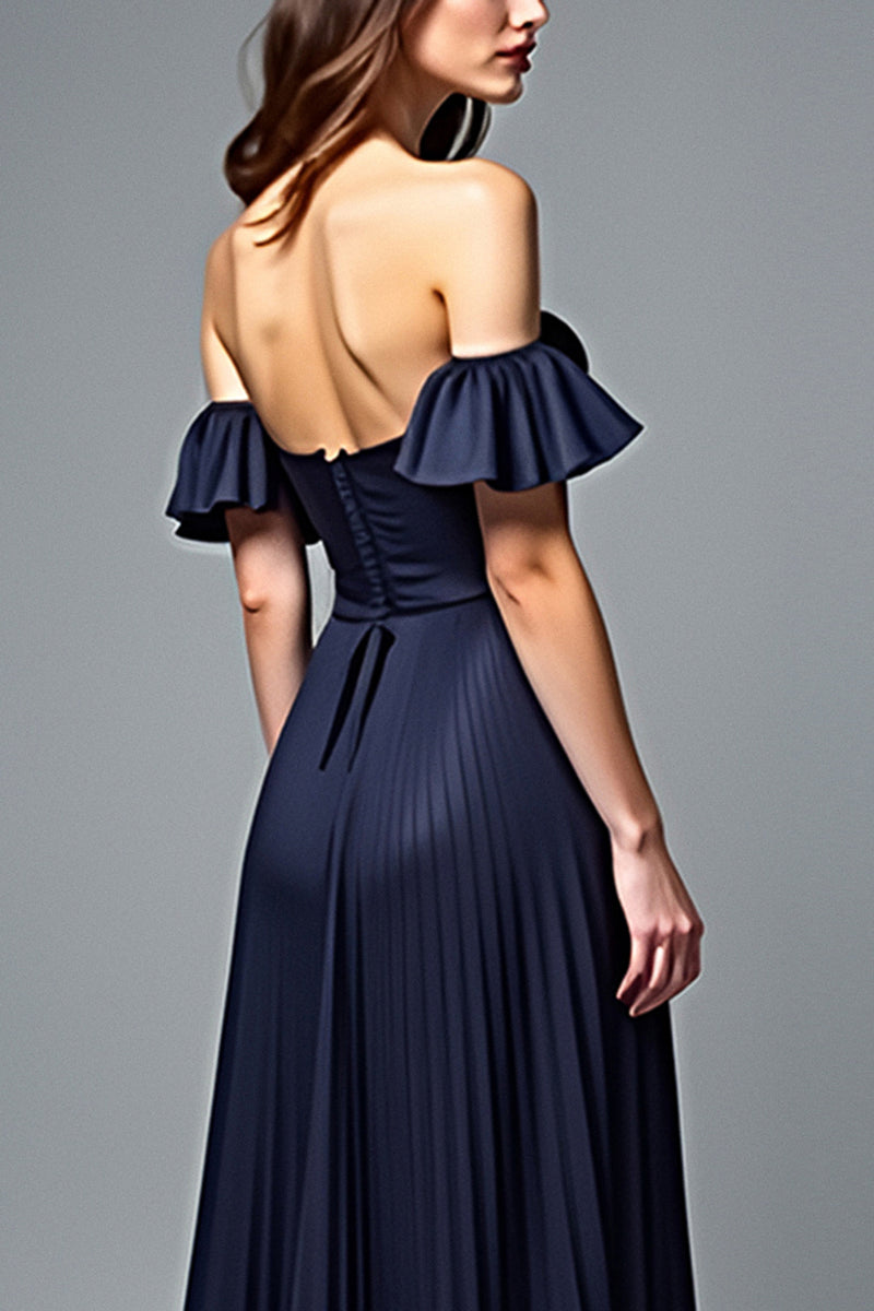 Load image into Gallery viewer, Navy A Line Off the Shoulder Pleated Formal Dress with Ruffles