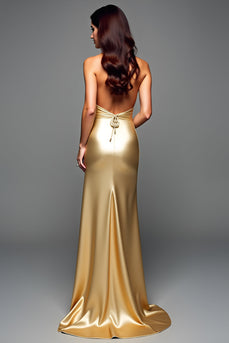 Halter Golden Metalic Long Prom Dress with Slit