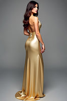 Load image into Gallery viewer, Halter Golden Metalic Long Prom Dress with Slit