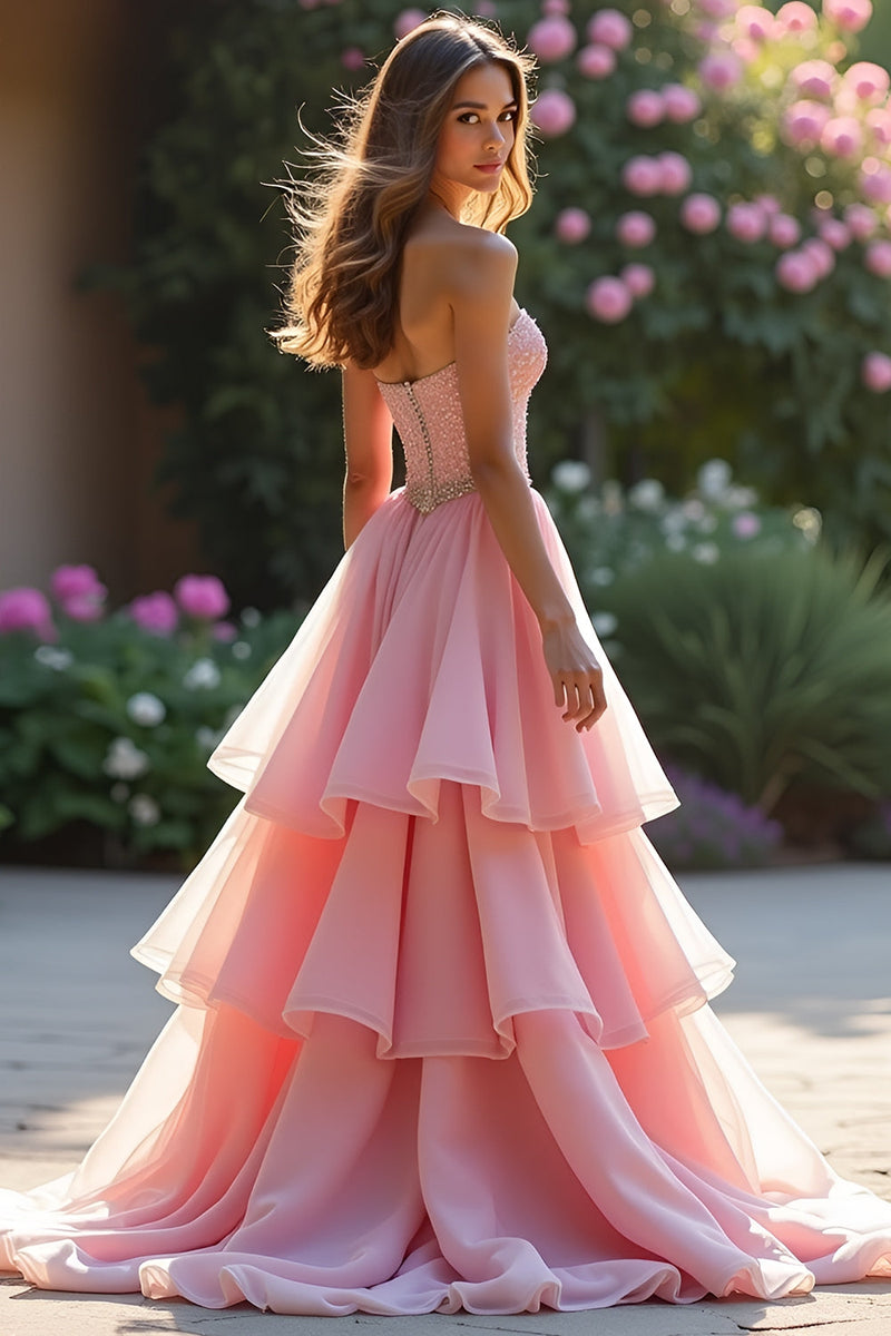 Weitese Dress Elegant A Line Sweetheart Pink Long Prom Dress with Ruffles