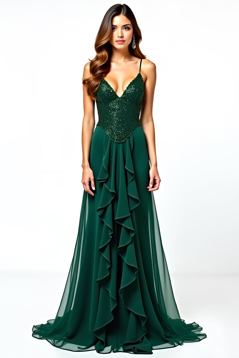 Unique design Dark Green V-Neck Ruffles Mermaid Long Evening Dress
