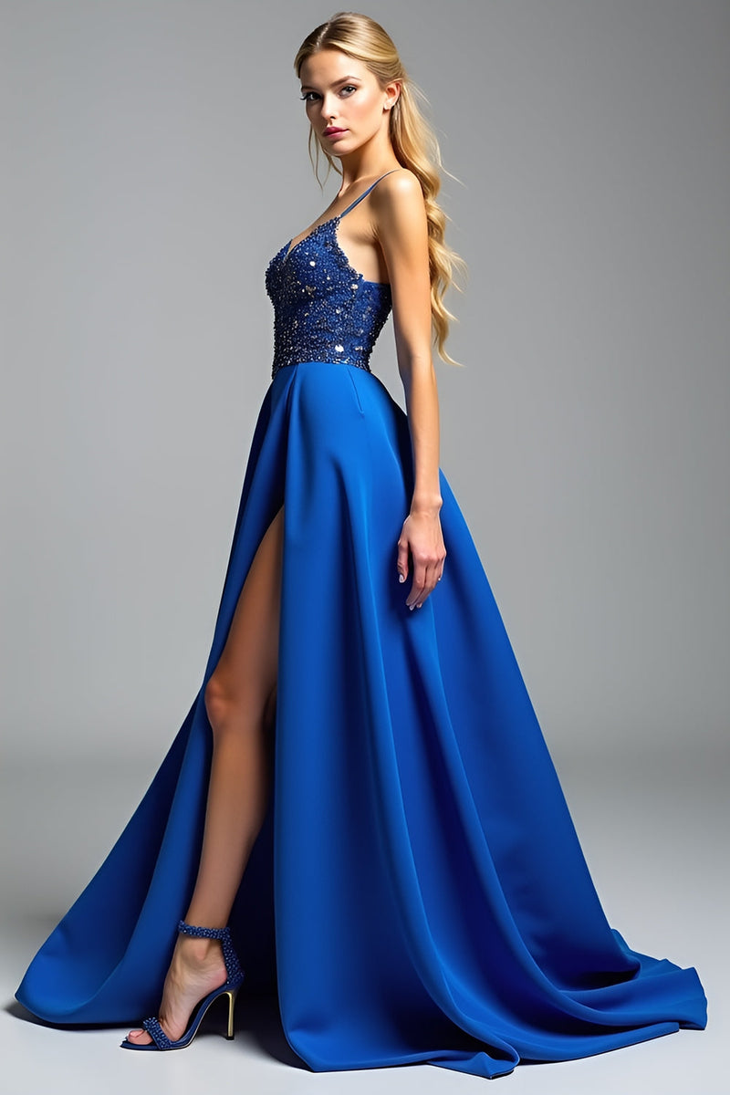 Royal Blue A-line Backless Long Prom Dresses