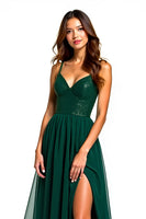 Load image into Gallery viewer, Dark Green Tulle Long Beaded Formal Dress with Slit