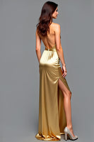 Load image into Gallery viewer, Halter Golden Metallic Long Prom Dress with Slit