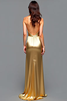 Halter Golden Metallic Long Prom Dress with Slit