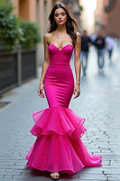 Load image into Gallery viewer, Fuchsia Strapless Satin Mermaid Long Prom Dress with Ruffles