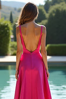 Load image into Gallery viewer, Fuchsia A Line Sweetheart Long Satin Prom Dress with Slit