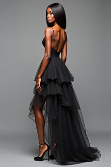 Black A Line Spaghetti Straps Tiered Long Formal Dress with Ruffles