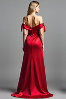 Load image into Gallery viewer, Red Satin Off the Shoulder Long Prom Dress with Slit