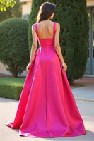 Load image into Gallery viewer, Fuchsia Square Neck A Line Ruched Long Prom Dress with Slit