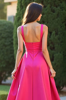 Load image into Gallery viewer, Fuchsia Square Neck A Line Ruched Long Prom Dress with Slit