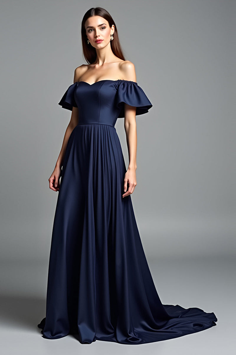 Dark Navy Blue Formal Dresses A Line Off The Shoulder V-Neck Stretch Satin Formal Dress With Slit