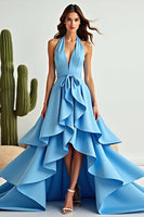 Load image into Gallery viewer, Blue A Line Halter Neck Asymmetrical Prom Dress with Ruffles