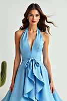 Load image into Gallery viewer, Blue A Line Halter Neck Asymmetrical Prom Dress with Ruffles