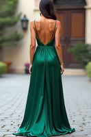 Load image into Gallery viewer, Dark Green A Line Ruched Satin Long Prom Dress with Slit