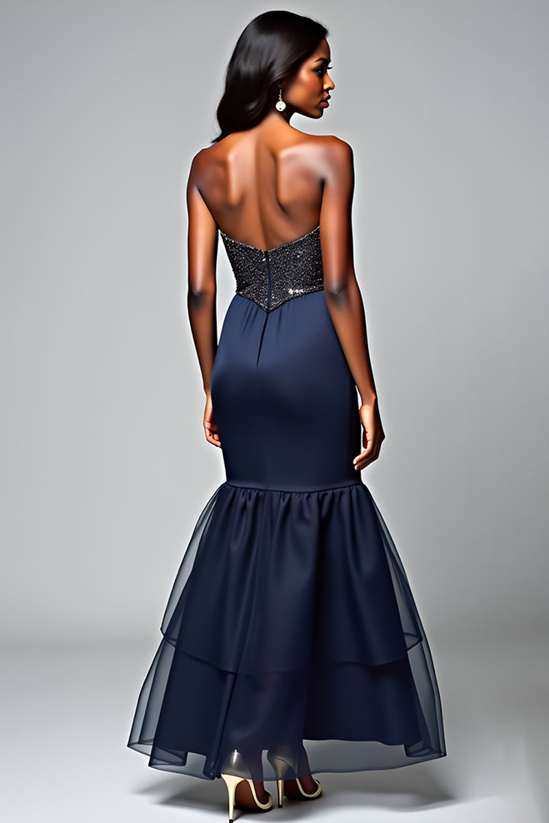Dark Navy Formal Dress Spaghetti Straps V-Neck Sheath Stretch Satin Formal Dress With Split