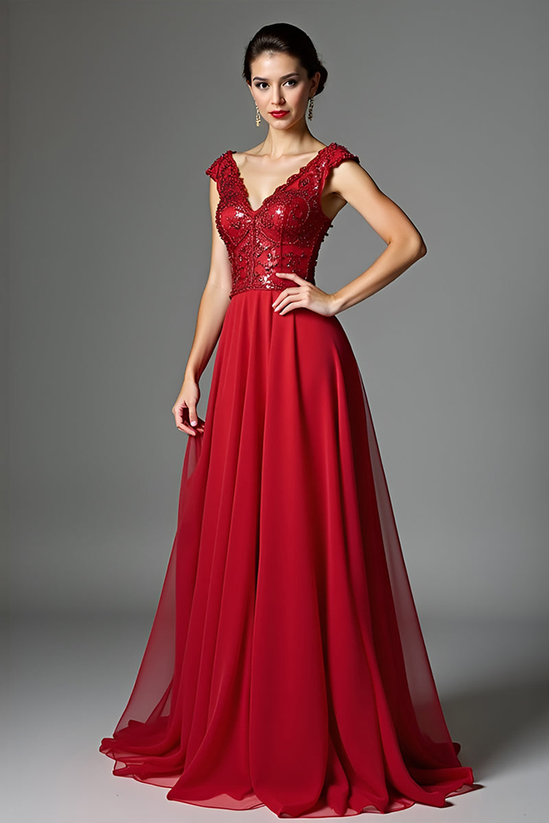 Load image into Gallery viewer, Sparkly Dark Red A Line Long Mother of the Bride Dress with Appliques