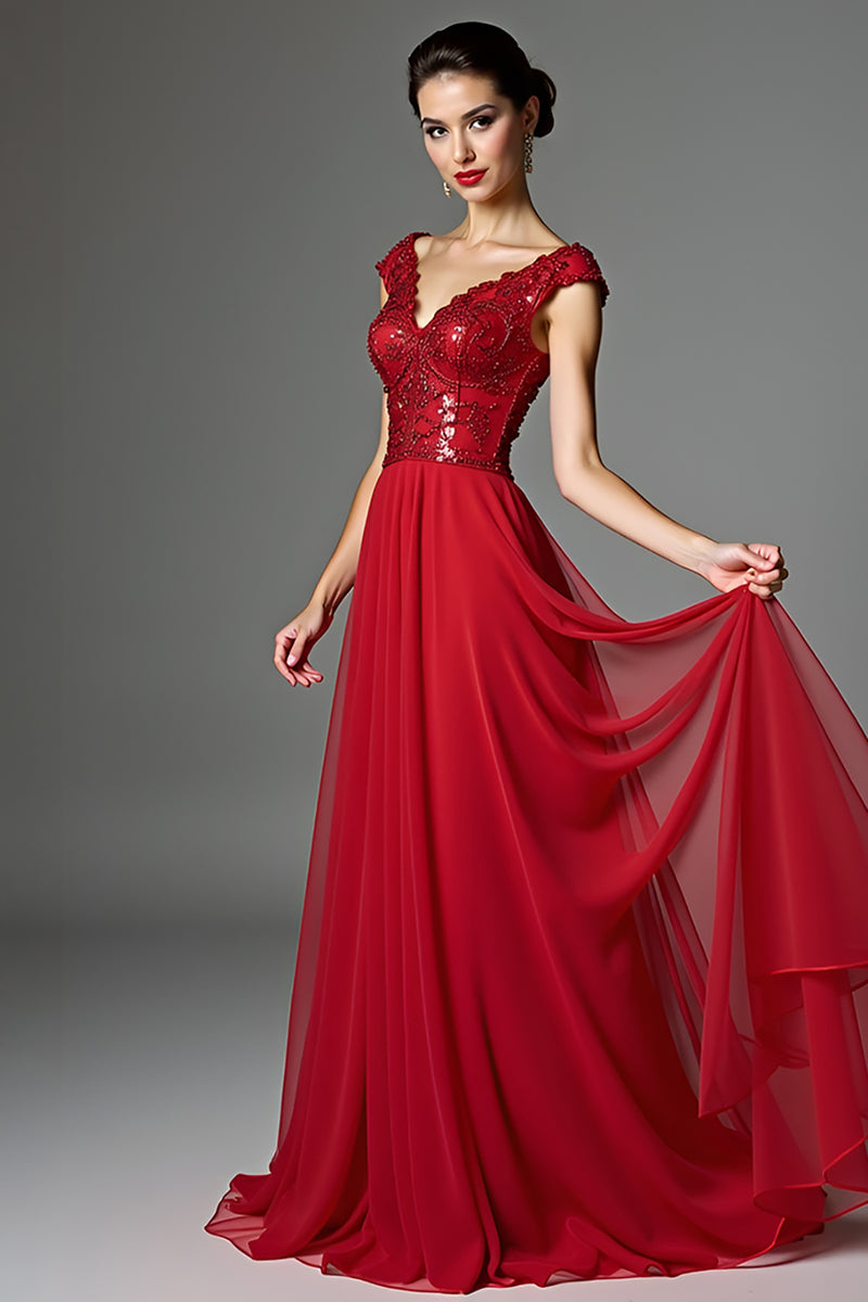 Load image into Gallery viewer, Sparkly Dark Red A Line Long Mother of the Bride Dress with Appliques