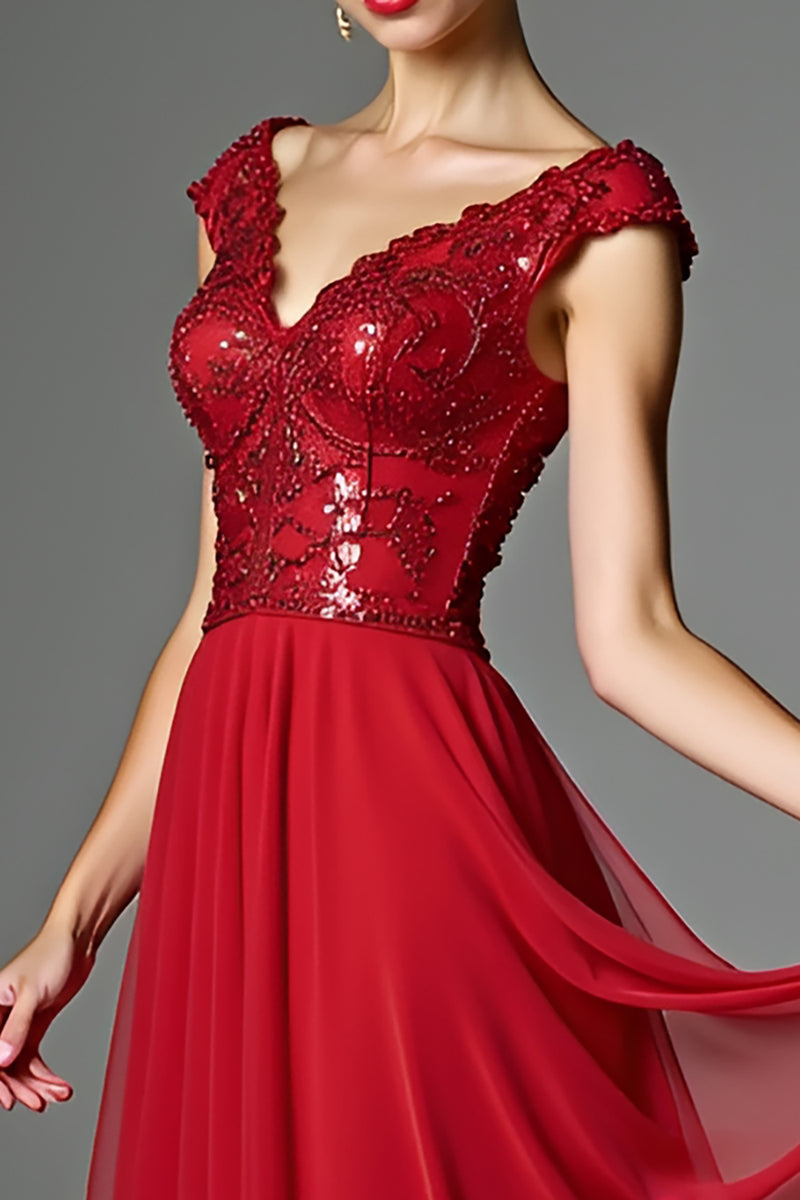 Load image into Gallery viewer, Sparkly Dark Red A Line Long Mother of the Bride Dress with Appliques