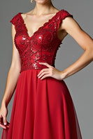 Load image into Gallery viewer, Sparkly Dark Red A Line Long Mother of the Bride Dress with Appliques