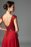 Load image into Gallery viewer, Sparkly Dark Red A Line Long Mother of the Bride Dress with Appliques
