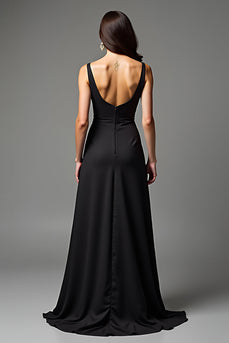 Black A Line V-Neck Long Satin Formal Dress