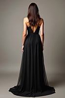 Load image into Gallery viewer, Black Pleated Deep V-Neck Long Tulle Formal Dress