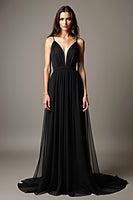 Load image into Gallery viewer, Black Pleated Deep V-Neck Long Tulle Formal Dress