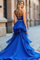Load image into Gallery viewer, Royal Blue A Line V-Neck Tiered Long Prom Dress with Slit