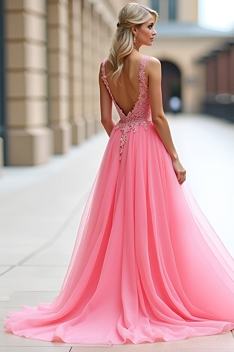 Pink Fashion Elegant A-line Long Tulle Floor-length Evening Dress Ball Gown Wedding Dress main image 1