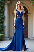 Load image into Gallery viewer, Royal Blue Mermaid V-Neck Long Beaded Prom Dress with Appliques