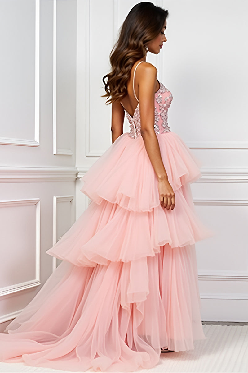 Load image into Gallery viewer, Blush Pink Appliques Sweep Train Long Prom Dress with Slit