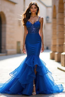 Load image into Gallery viewer, Royal Blue Mermaid Tiered Spaghetti Straps Long Prom Dress