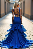 Load image into Gallery viewer, Royal Blue Mermaid Tiered Asymmetrical Long Prom Dress with Beading
