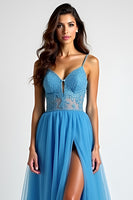 Load image into Gallery viewer, Light Blue A Line Tulle Appliques Long Prom Dress with Slit