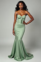 Load image into Gallery viewer, Dusty Sage Mermaid Strapless Bow Long Prom Dress