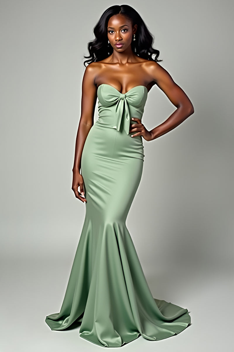 Load image into Gallery viewer, Dusty Sage Mermaid Strapless Bow Long Prom Dress