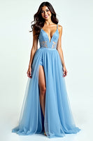 Load image into Gallery viewer, A Line Light Blue Spaghetti Straps Long Prom Dress with Slit