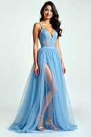Load image into Gallery viewer, A Line Light Blue Spaghetti Straps Long Prom Dress with Slit
