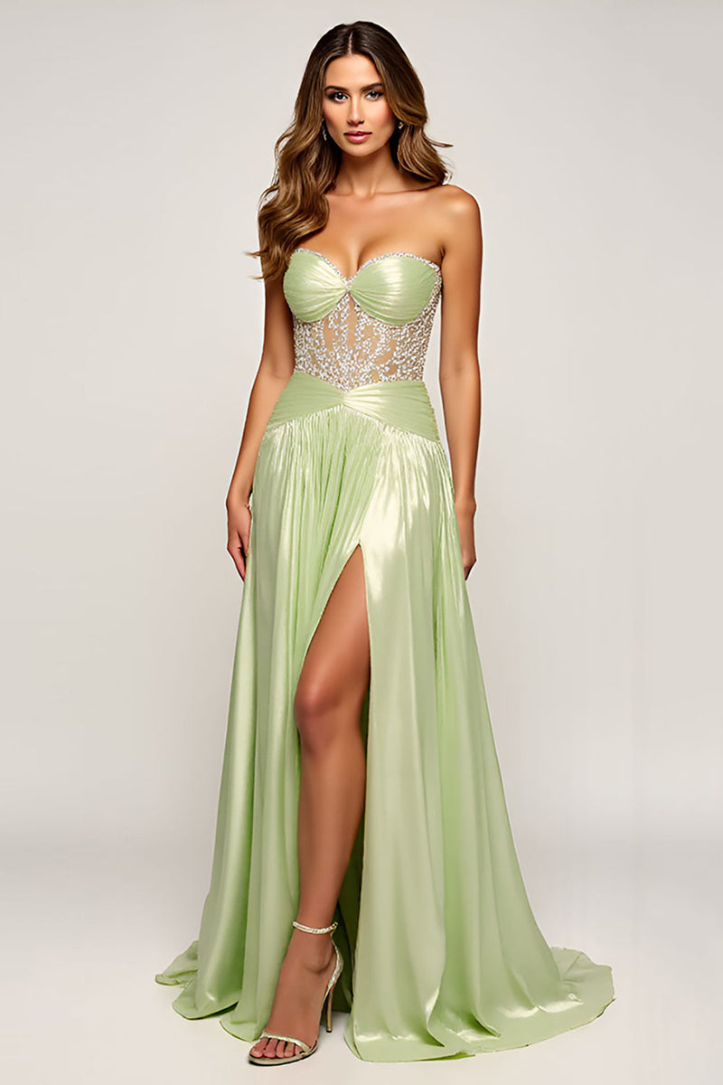 Load image into Gallery viewer, Sage Strapless A Line Long Prom Dress with Slit