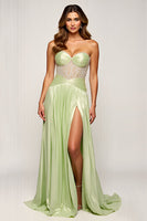 Load image into Gallery viewer, Sage Strapless A Line Long Prom Dress with Slit