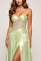 Load image into Gallery viewer, Sage Strapless A Line Long Prom Dress with Slit