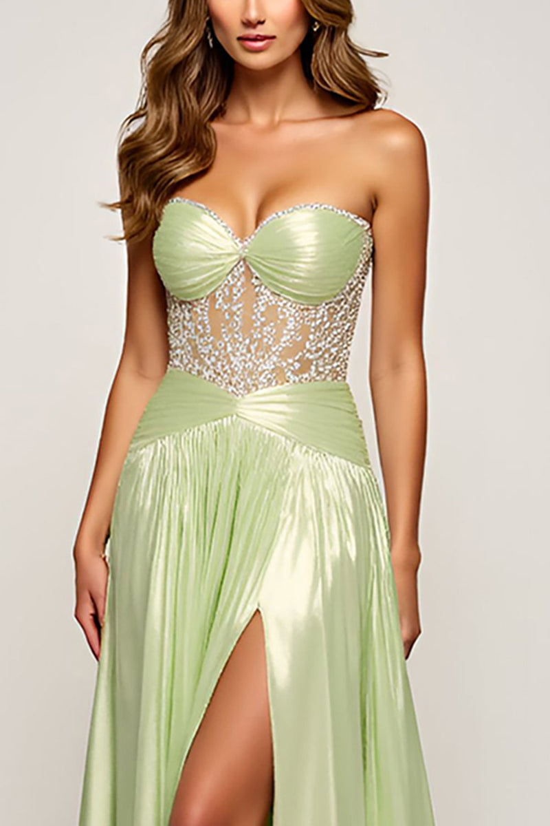 Load image into Gallery viewer, Sage Strapless A Line Long Prom Dress with Slit