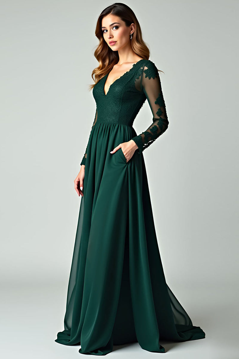 Load image into Gallery viewer, V-Neck Pine Appliqued Prom Dress with Long Sleeves